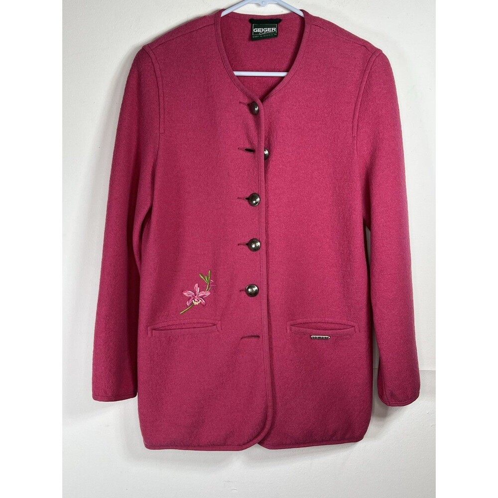 Geiger Tyrol Embroidered 34 M Pink Boiled Wool Jacket Austrian Cardigan
